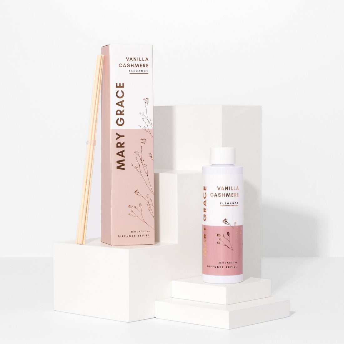 Mary Grace Vanilla Cashmere diffuser set on a white background